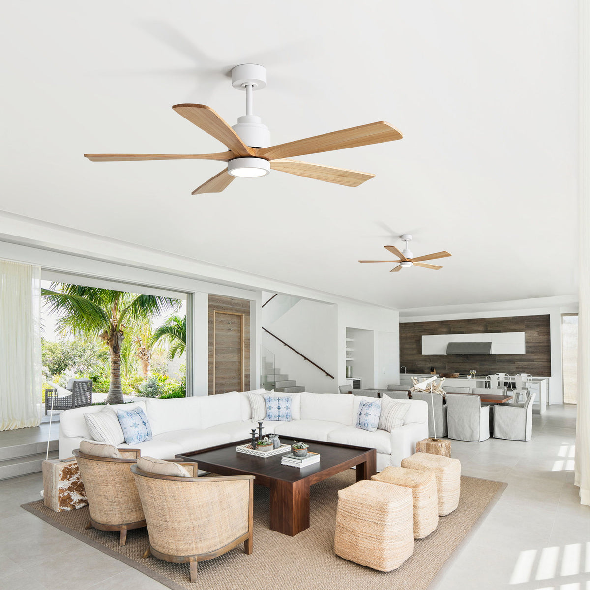 Ceiling fan with LED light and 5 wood blades mounted on ceiling