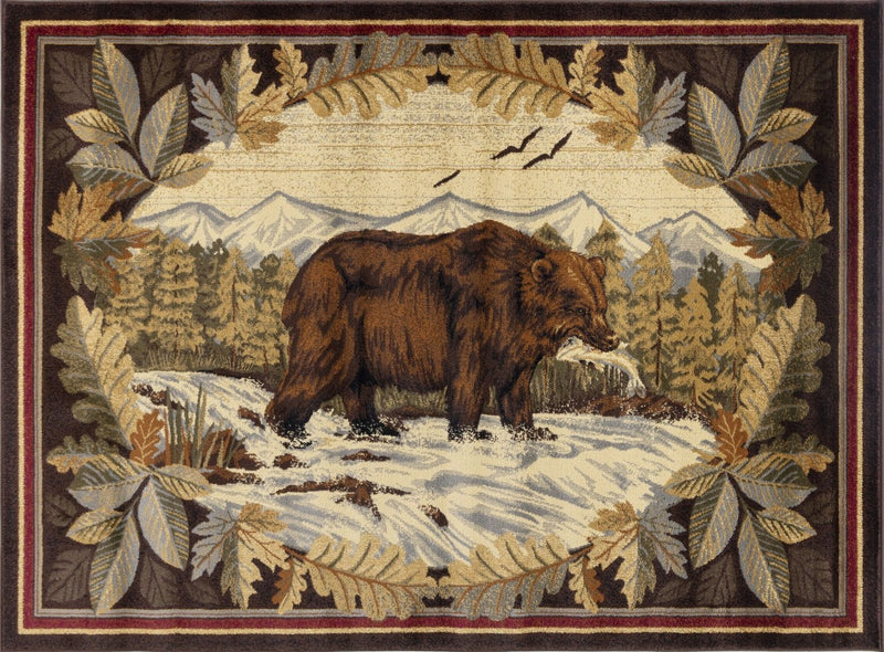Lodge area rug with dark bear and pine tree scene, cream and dark brown border