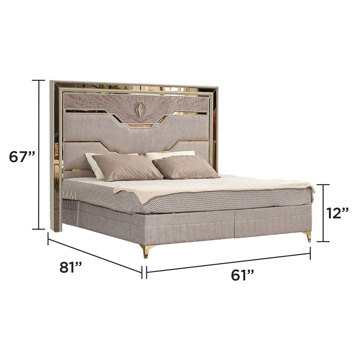 Beige upholstered bed with tufted headboard and cushioned frame, two pillow set