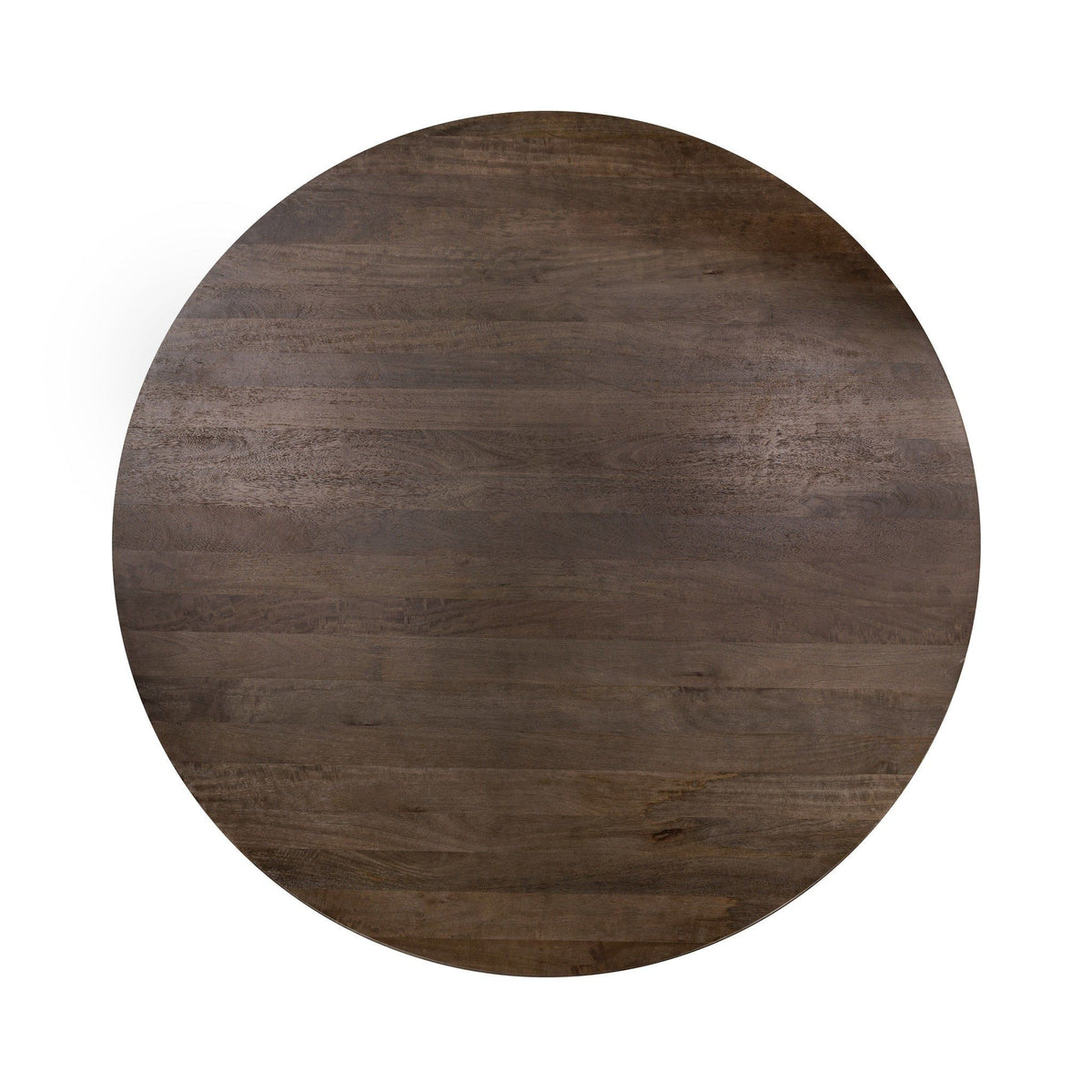 Dark brown round dining tabletop featuring linear wood grain texture