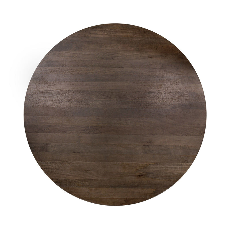 Dark brown round dining tabletop featuring linear wood grain texture