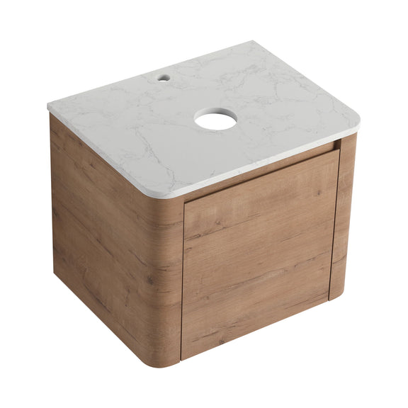 Dark wood vanity cabinet with white stone-look top and oval opening