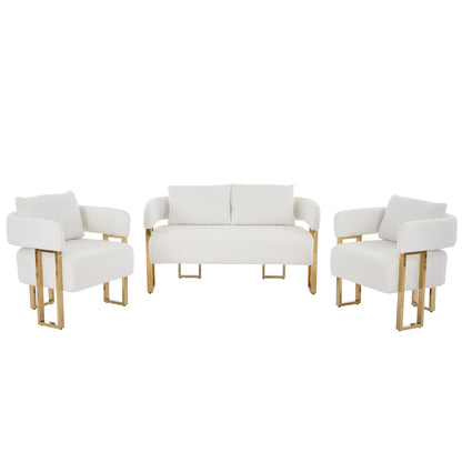 White upholstered side chair set with square seat cushions and gold-tone legs