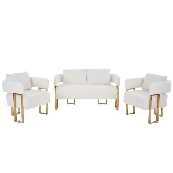 White upholstered side chair set with square seat cushions and gold-tone legs