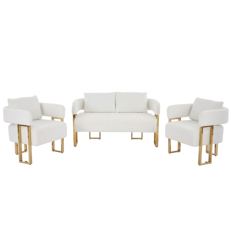 White upholstered side chair set with square seat cushions and gold-tone legs