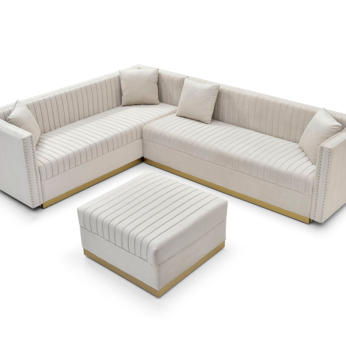 Contemporary Vertical Channel Tufted Velvet Sectional Sofa For Living Room Apartment With Ottoman And 4 Pillows
