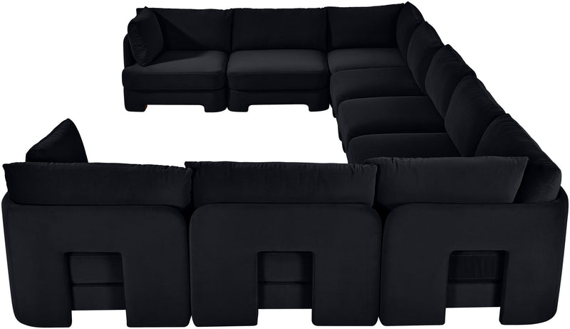 Black velvet modular sectional, 9-piece set, front view with arm and seat blocks.