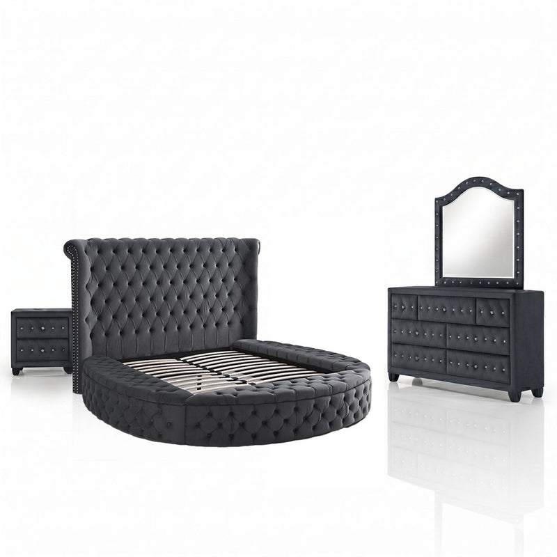 Tufted storage bed with black upholstered headboard and matching bedside table and dresser