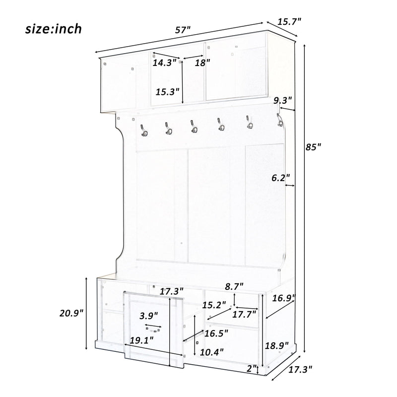 Hall Tree With 6 Hooks, Coat Hanger, Entryway Bench