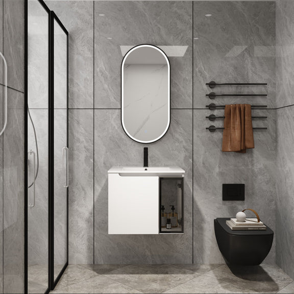 White wall-mounted vanity with integrated sink and glass-front cabinet door