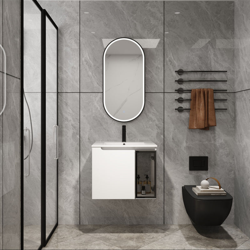 White wall-mounted vanity with integrated sink and glass-front cabinet door