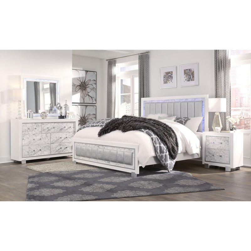 White marble-front dresser with multiple drawers and cabinet doors, side view