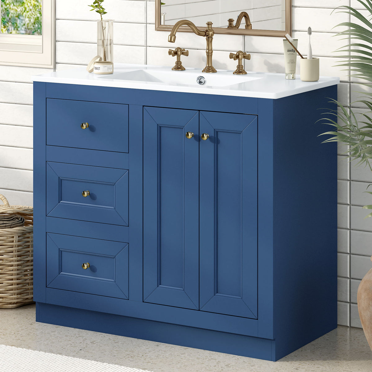 Bathroom Vanity With Ceramic Sink, Bathroom Storage Cabinet With 2 Drawers & Shelf, Freestanding Bathroom Cabinet - Blue