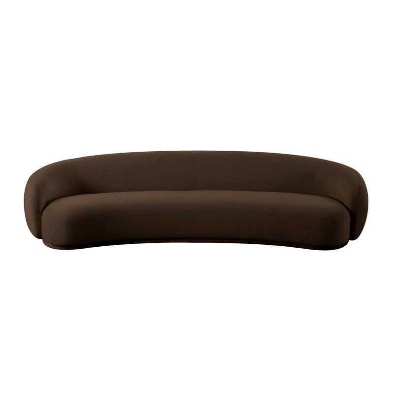 Dark brown velvet sofa with rounded arms and back, smooth curved design