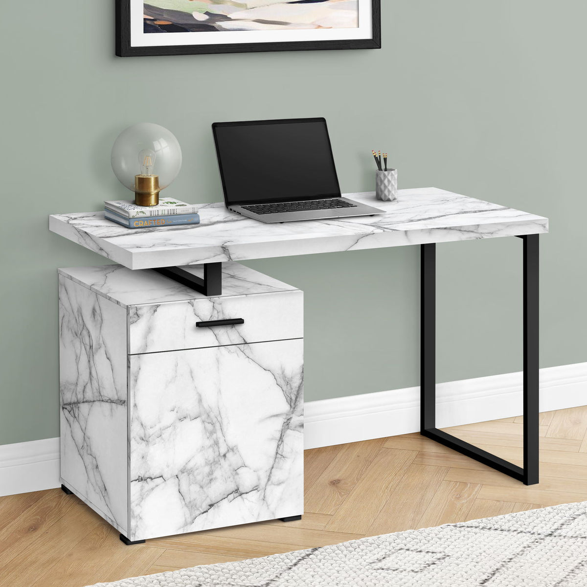 Computer Desk, Home Office, Laptop, Left, Right Set-Up, Storage Drawers, Work, Marble Look Laminate, Contemporary, Modern - White