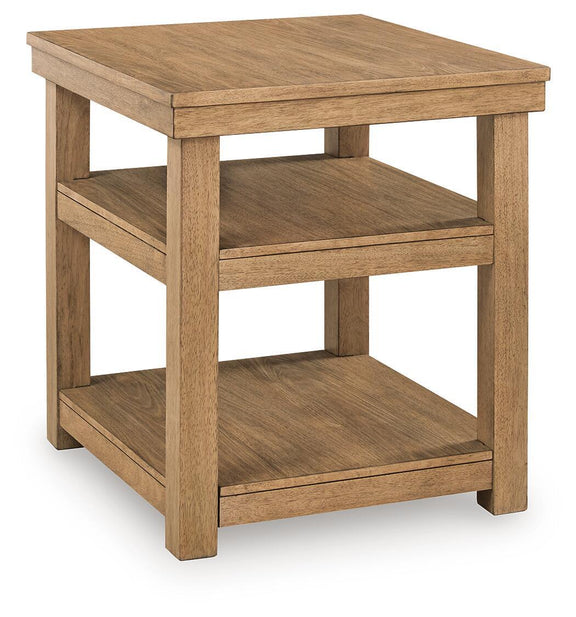 Natural wood rectangular end table with open lower shelf and square legs