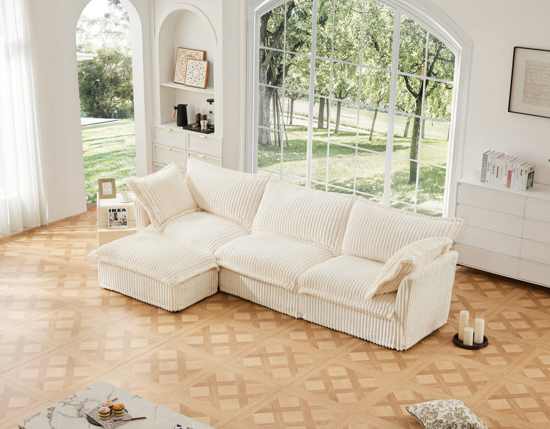 3-Seater Slipcovered L-Shaped Corduroy Sectional Sofa - Cream Corduroy