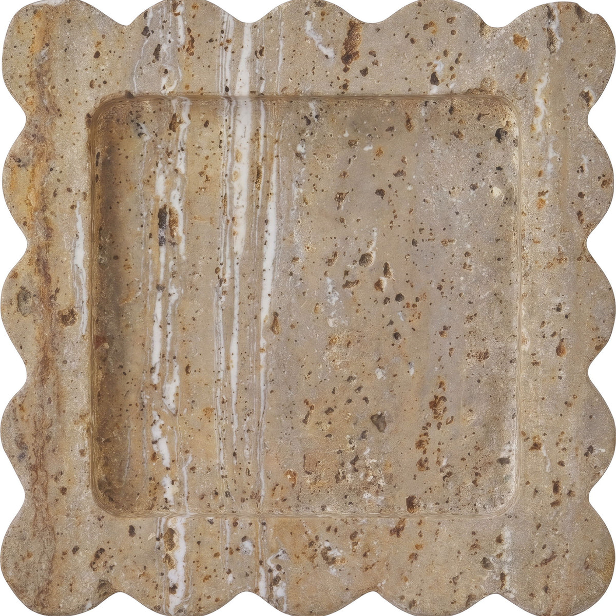 Natalie travertine tray close-up; beige speckled stone with ridged stripes and scalloped rim.