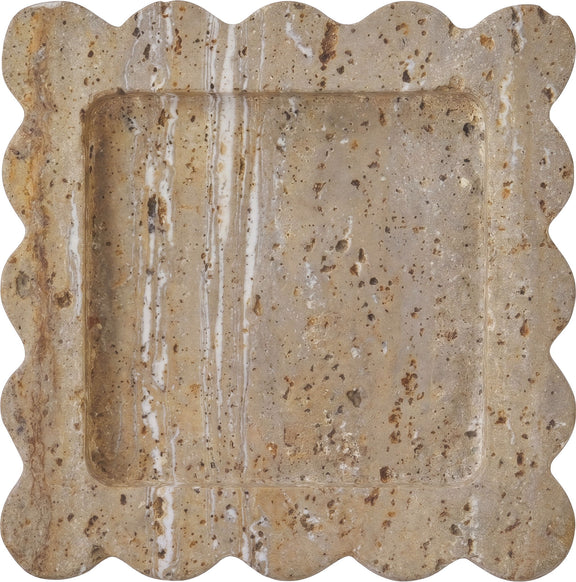 Natalie travertine tray close-up; beige speckled stone with ridged stripes and scalloped rim.