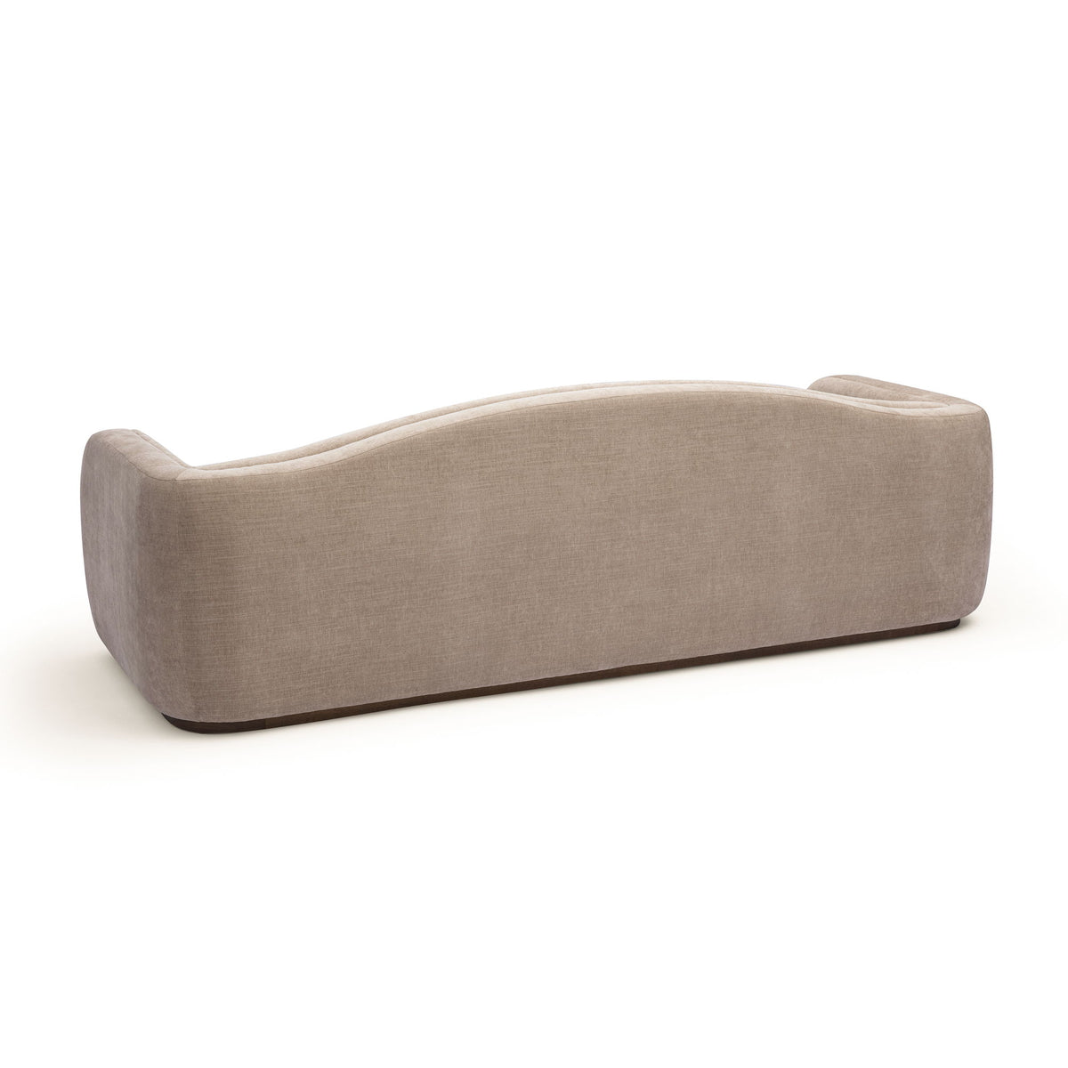 Light brown fabric sofa front side view with rounded backrest and low base