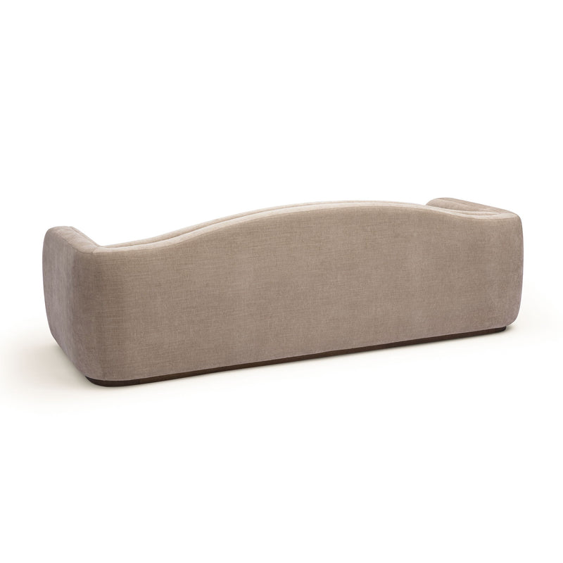 Light brown fabric sofa front side view with rounded backrest and low base