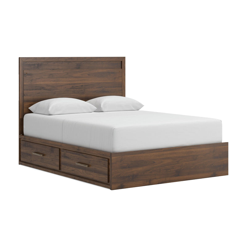 Light brown panel storage bed with white mattress and two under-bed drawer cabinets