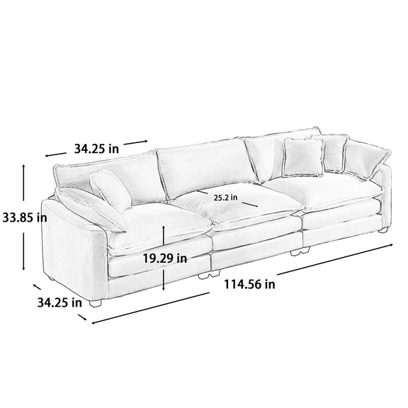 White 3-seat sectional sofa with armrests and throw pillows, angled size dimensions diagram