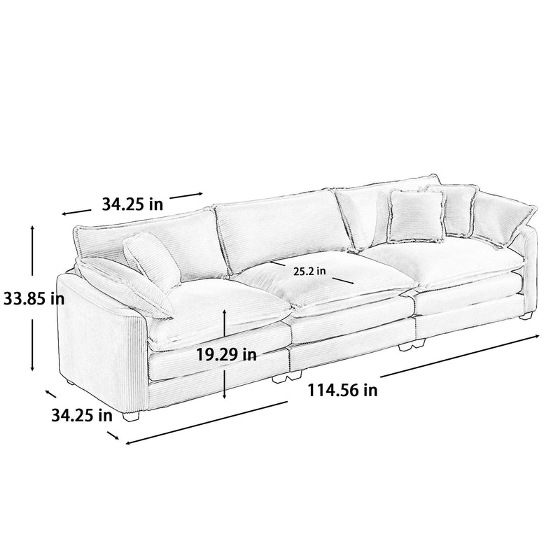 White 3-seat sectional sofa with armrests and throw pillows, angled size dimensions diagram