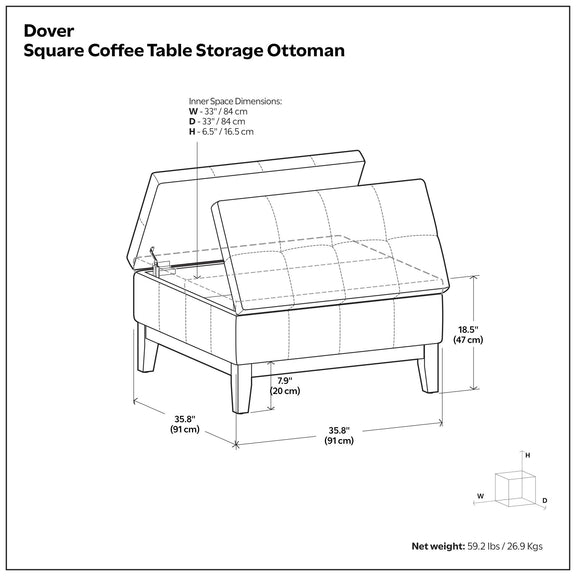 Square lift-top coffee table storage ottoman dimensions diagram with inner space measurements