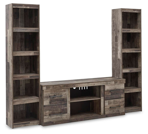 Dark gray entertainment center with open shelves and wide media cabinet