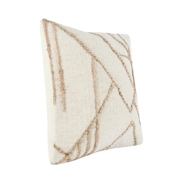 Ivory fabric square pillow with natural tan embroidered geometric lines, textured weave