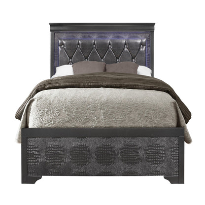 Dark gray upholstered bed with button-tufted headboard and padded side panels