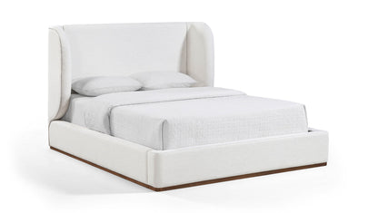 Fabric upholstered bed in pearl silver with padded headboard and low platform base