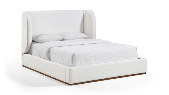 Fabric upholstered bed in pearl silver with padded headboard and low platform base