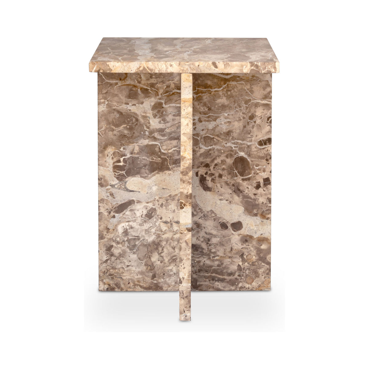 Beige marble accent table with mottled stone surface and gold-toned frame legs