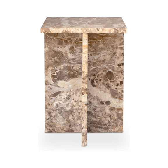 Beige marble accent table with mottled stone surface and gold-toned frame legs