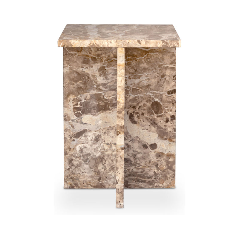 Beige marble accent table with mottled stone surface and gold-toned frame legs
