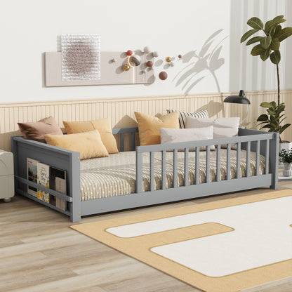Twin size Floor Platform Bed with Built-in Book Rack, Grey