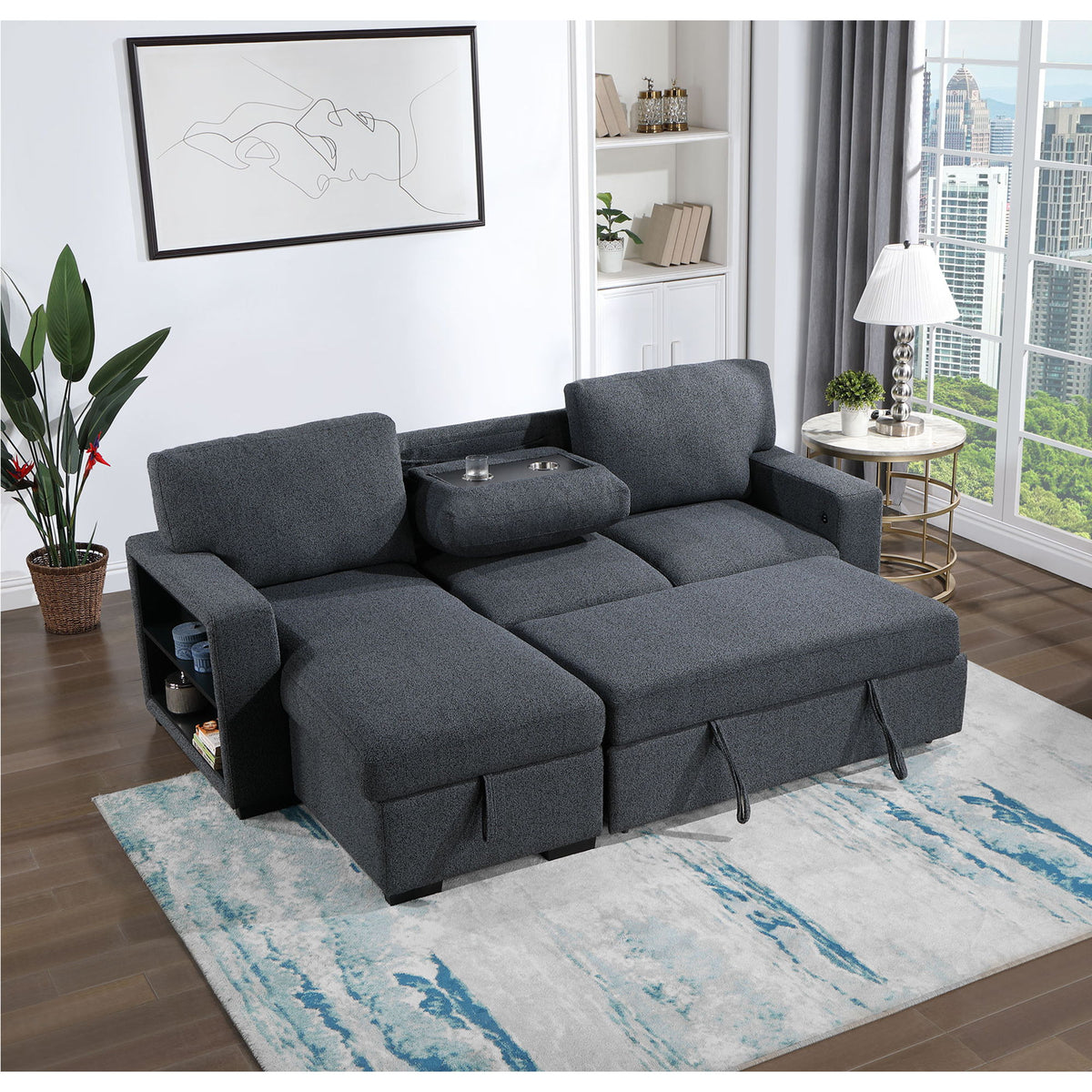 Dark gray sofa bed with pull-out chaise bed section and cushioned armrests