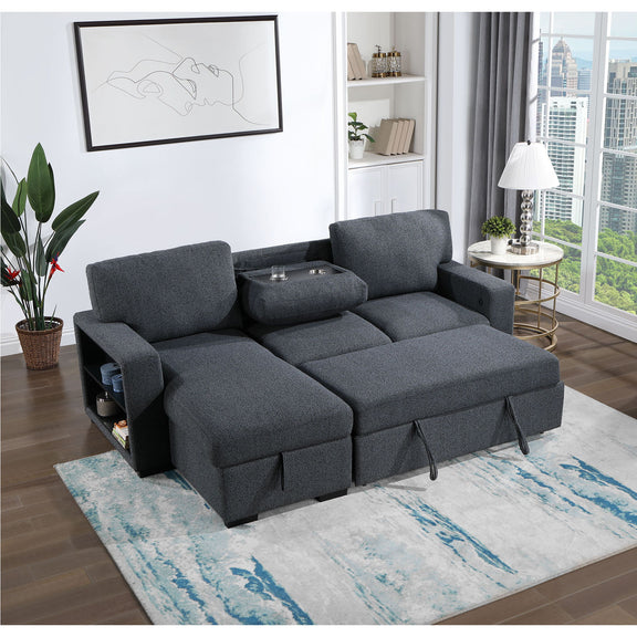 Dark gray sofa bed with pull-out chaise bed section and cushioned armrests