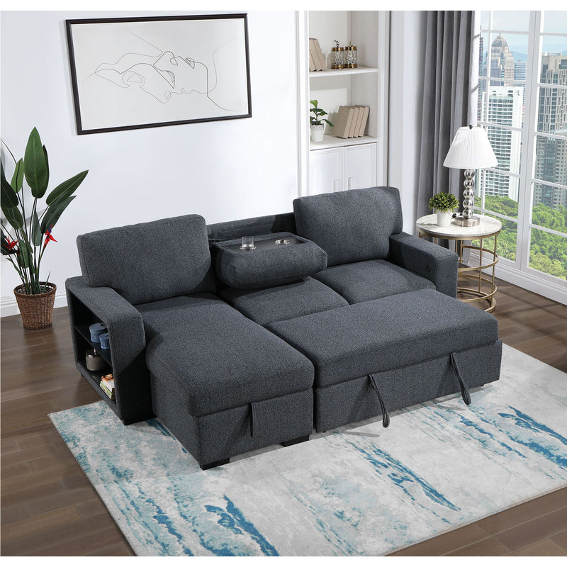 Dark gray sofa bed with pull-out chaise bed section and cushioned armrests