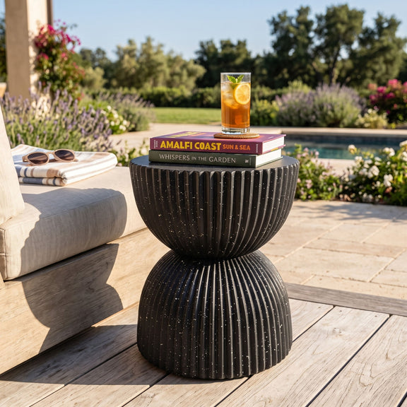 Black speckled ribbed side table, two-piece stacked round shape