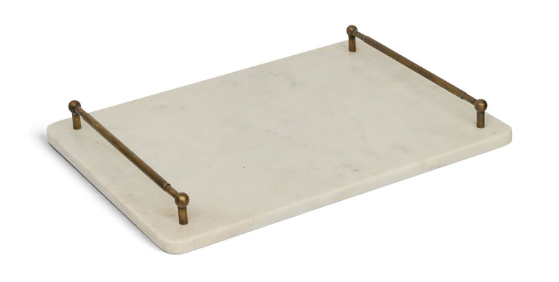 White marble serving tray with brass-toned corner posts