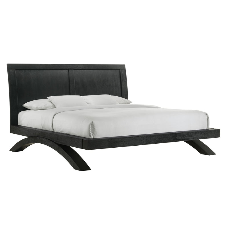Black panel bed frame with upholstered-style headboard, footboard, and curved legs.