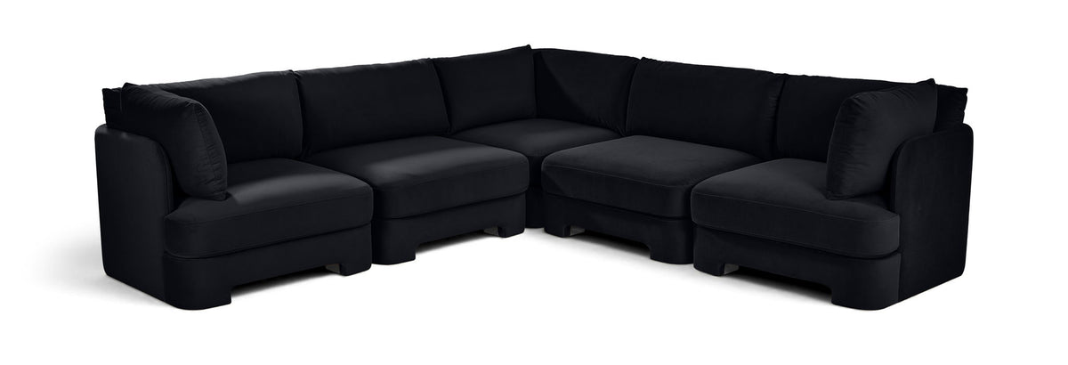 Black velvet corner sectional sofa with five-piece modular L-shape and cushioned arms