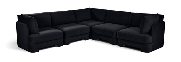 Black velvet corner sectional sofa with five-piece modular L-shape and cushioned arms