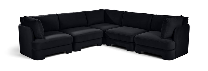 Black velvet corner sectional sofa with five-piece modular L-shape and cushioned arms