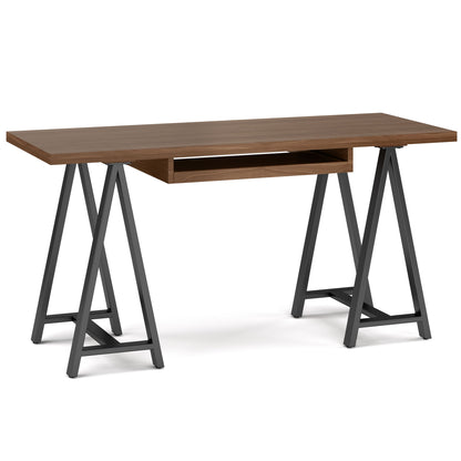 Dark brown solid wood desk with A-frame metal sawhorse legs
