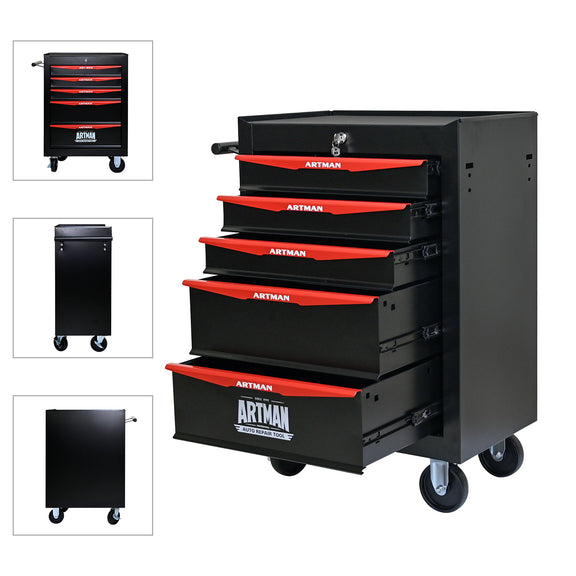 Rolling metal tool cabinet with drawers and caster wheels, shown in multiple angles