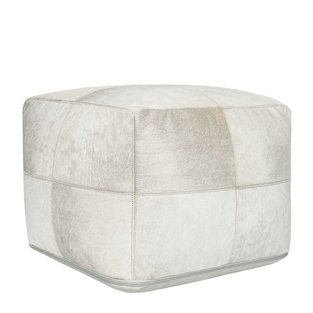 Ivory hide pouf, square-stitched panels and rounded silhouette